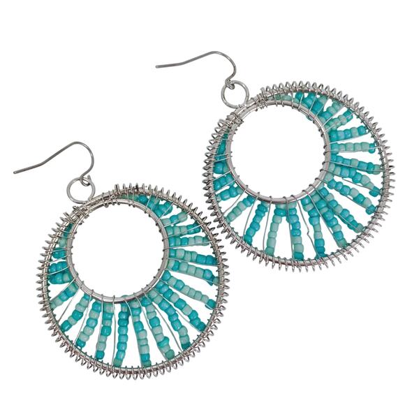 Vintage Boho Seed Bead Hoop Earrings Silver Tone Aqua Turquoise Festival Jewelry - Picture 8 of 9